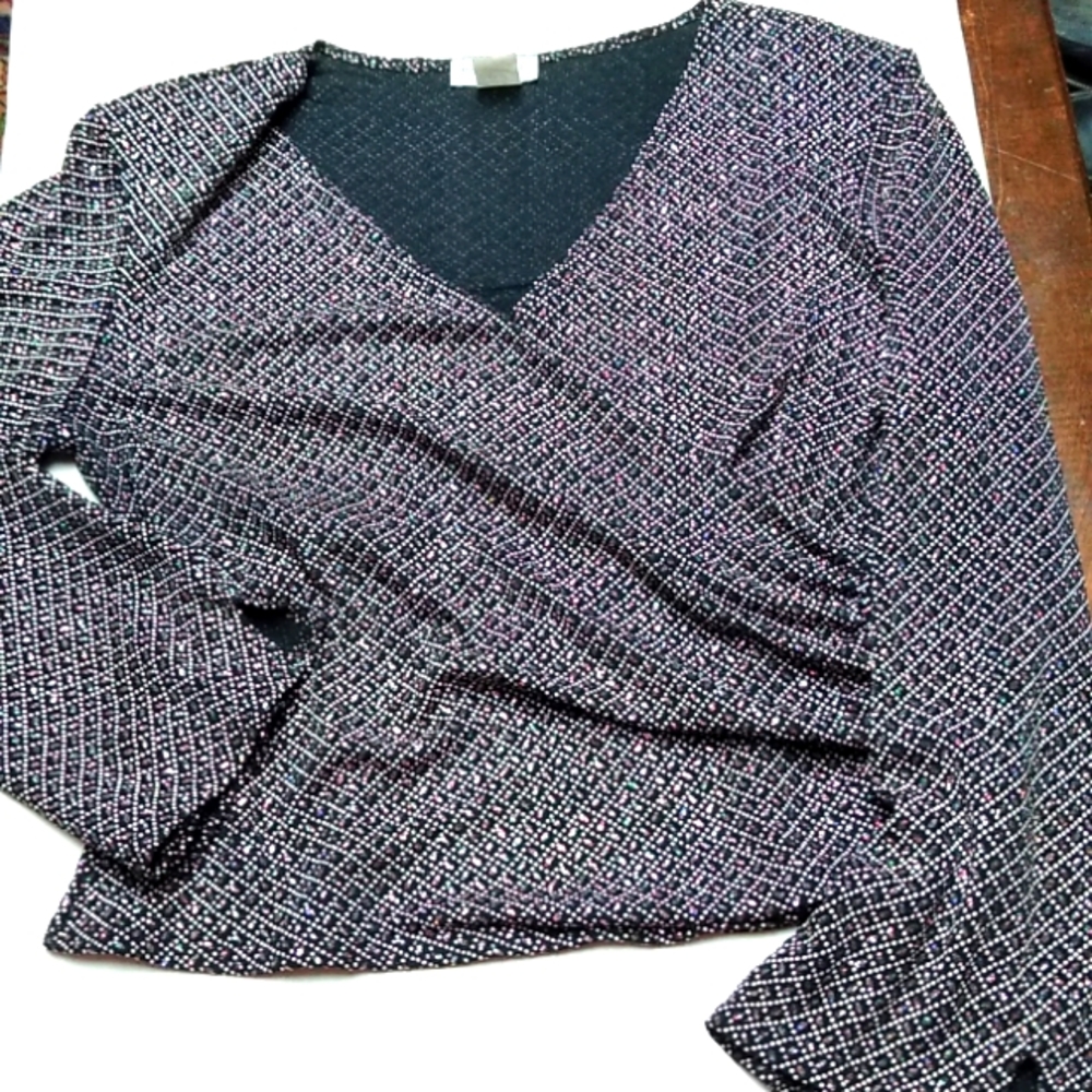 Women's Sequined Wrap Blouse Size XL Black and White